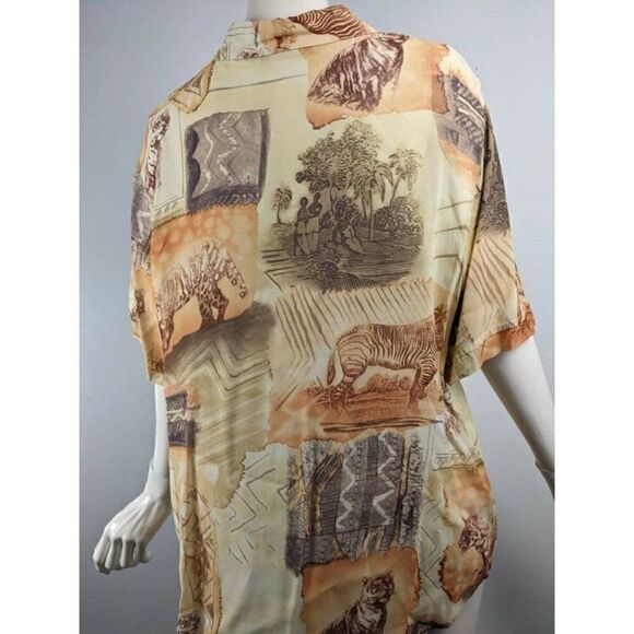 Sheer summer blouse with safari print Vintage 90s button down size medium - Picture 6 of 8